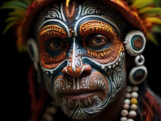 Close-up of an papua new guinea indigenous man's face adorned with colorful traditional face paint and tribal headgear.

