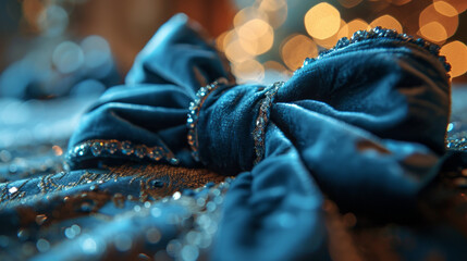 Close-up of a rich blue velvet bow with gold embroidery and sparkling elegant embellishments, set against a festive background with lights. Modern trend, interior and clothing details - obrazy, fototapety, plakaty