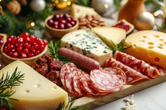 An upscale cheese and sausage charcuterie in close-up. Generative Ai.