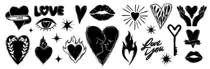 Heart linocut icon set, romantic gothic love y2k sign, 90s grunge texture print kit, flame, ribbon. Valentine Day aesthetic cut effect shape holiday boho engraving silhouette. Heart linocut collection