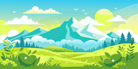 Fototapeta na wymiar Nature landscape vector illustration with green meadow, trees and blue sky suitable for background. vector illustration