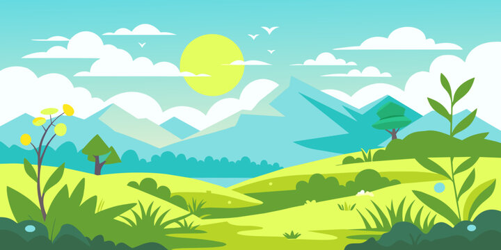 Nature landscape vector illustration with blue sky and green meadow. The sunset hides behind white clouds. Field vector illustration. 