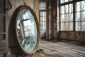 Broken antique glass in an abandoned house. Concept of past life, broken heart, passage of time.