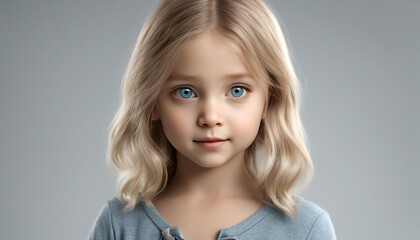 Girl with blue eyes. A little girl with a magical look. Blank smooth background. AI generated