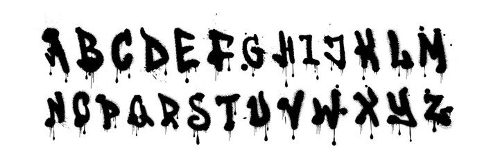 Graffiti font vector spray urban alphabet, street wall hand drawn letters, hip-hop modern style. Grunge drip print, fashion texture lettering splash, creative poster handwriting. Black graffiti font © Oleksandra