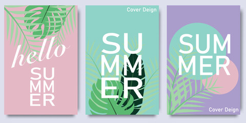 Hello Summer posters or covers with abstract tropical leaves and modern typography. Design templates for branding, advertising, promo events. Tropical Summer set posters
