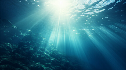 Obraz premium Sunbeam vertical Abstract underwater backgrounds in the sea, Ai generated image