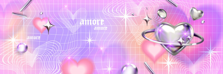 Y2k blur gradient heart background, futuristic vector love poster, trendy chrome 3D shapes grid. Abstract romantic aesthetic Valentine Day holiday banner, silver heart, 2000s party. Y2k background