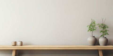 Empty wooden table for product display in front of living room sofa.