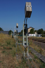 Tension weight and wires of a mechanical signal and switch control at Lorsch station, Hesse, Germany