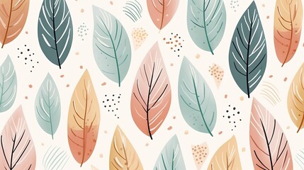 Abstract plant leaf art seamless pattern with colorful freehand doodle collage. Organic leaves cartoon background, simple nature shapes in vintage pastel colors. Generative Ai - obrazy, fototapety, plakaty