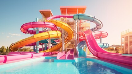 A large beautiful multicolored slide and pool in Aqua park on a blue sky background on a sunny day. Summer entertainment, vacation concepts.