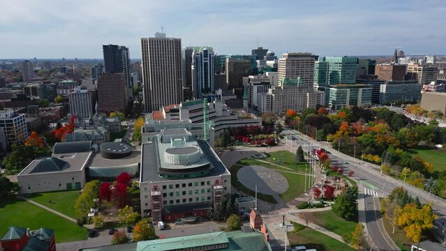 Downtown Ottawa on sunny autumn day, drone view