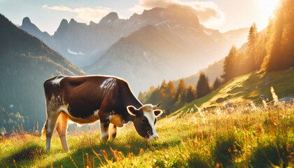 Majestic Cows Grazing in the Alpine Meadow - obrazy, fototapety, plakaty