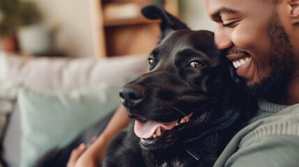 Black african american man cuddling his black dog at home, ai generated - Powered by Adobe