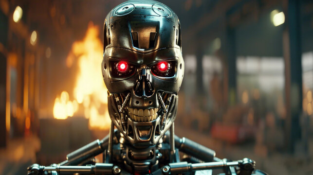 Robot steel skull with red eyes