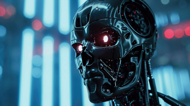 Robot steel skull with red eyes