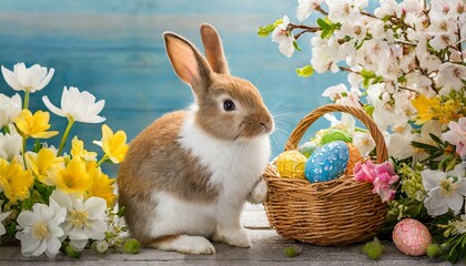 Easter Bunny With Basket Of Easter Eggs. 