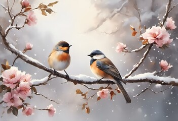 AI generated illustration of Two birds perched on a flowering tree branches - obrazy, fototapety, plakaty