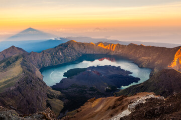 Mount Rinjani. View from the top of the mountain at sunrise. Beautiful landscape at Lombok island, Indonesia. © Eugene Ga
