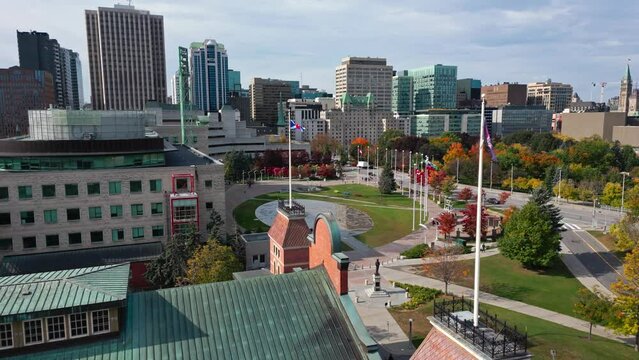 Fly over the Ottawa city hall on sunny fall day