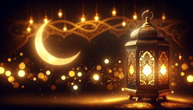 Ramadan Kareem. Ornate Lantern with Crescent Moon in a Starlit Sky