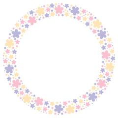 3色の桜シルエットで埋め尽くされた丸フレームのイラスト（ピンク・紫・黄色）