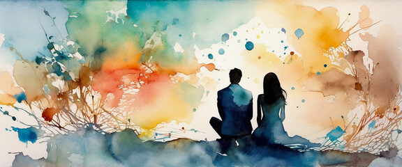 Silhouettes of a man and a woman sitting side by side. Background of smeared and mixed paints. Illustration in watercolor style.