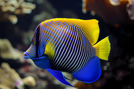 Emperor angelfish - Pacific and Indian Oceans - A brightly colored reef fish with a distinctive pattern of stripes and dots. They are omnivorous, feeding on both algae and small invertebrates