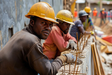 black african workers working outside. construction workers and engineers with safety helmets at a construction