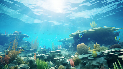 Fototapeta na wymiar Underwater Scene - Tropical Seabed With Reef And Sunshine, Ai generated image