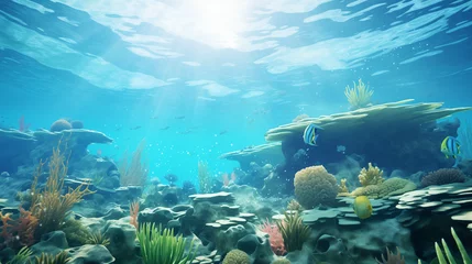 Fotobehang Underwater Scene - Tropical Seabed With Reef And Sunshine, Ai generated image © Trendy Motion
