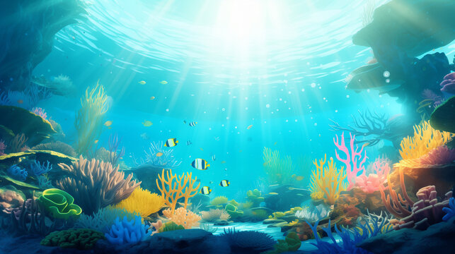 Underwater Scene - Tropical Seabed With Reef And Sunshine, Ai generated image