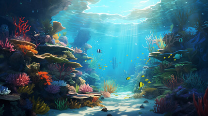 Naklejka na ściany i meble Underwater Scene - Tropical Seabed With Reef And Sunshine, Ai generated image