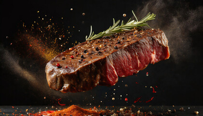 Obraz na płótnie Canvas Grilled sirloin steak levitating on black background