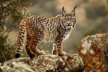Naklejka na ściany i meble Iberian lynx - Spain and Portugal - A medium-sized wild cat species known for its distinctive ear tufts and hunting behavior. They are endangered due to habitat loss and hunting