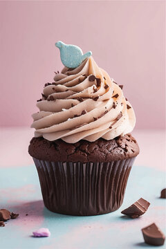 image of a chocolate cupcake with various toppings and unique decorations
