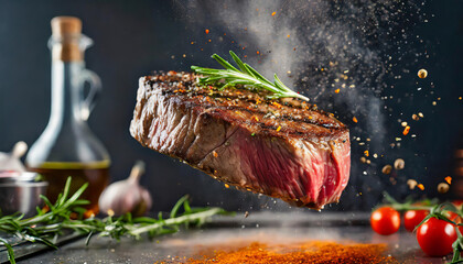 Appetizing seared steak with rosemary - obrazy, fototapety, plakaty