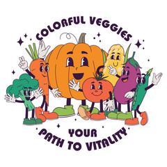 Colorful veggies your path to vitality. Vector cartoon illustration of veggies mascots: pumkin carrot tomato peas eggplant corn broccoli. Concept of varied and balanced nutrition