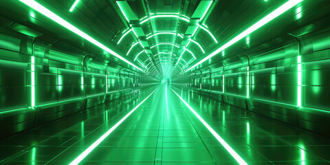 Close up of green light trail in dark room. Suitable for technology, innovation, motion, speed, futuristic concepts in design and promotional materials.