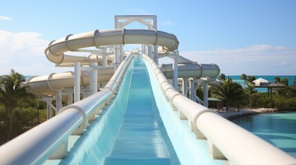 Fototapeta na wymiar A large beautiful water slide and pool on a background of blue sky and sea on a sunny day. Summer entertainment, vacation concepts.