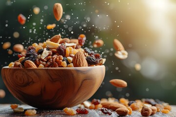 Combined nuts and raisins in a wooden bowl. Generative Ai.