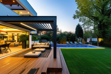 a lavish side outside garden at morning, with a teak hardwood deck and a black pergola. Scene in the evening with couches and lounge chairs by the pool - obrazy, fototapety, plakaty