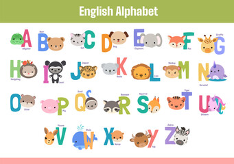 Animal alphabet english abc poster. Horizontal placard english alphabet visual support for classroom. Cute animals and letters kawaii style. English learning for elementary school or preschool class.