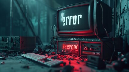 A Vintage computer in a dimly lit room with red illumination reading "error"