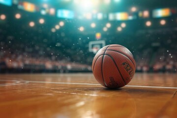 Hoops excitement Basketball ball poised in front of modern arena - obrazy, fototapety, plakaty