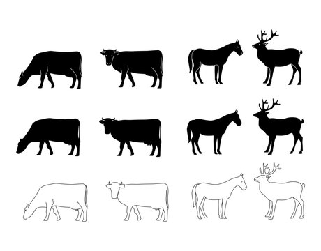 Vector silhouette of cow horse and deer. set of modern drawing isolated on white background. For packaging, logo or icon design.