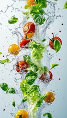 Vibrant Fresh Fruit Salad with Water Splash, featuring a medley of healthy ingredients like tomatoes, lettuce, creating a refreshing and appetizing vegetarian meal. Generative AI