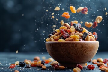 Combined nuts and raisins in a wooden bowl. Generative Ai. - obrazy, fototapety, plakaty