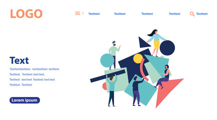 Vector illustration of flat people. A team of people collects abstract geometric puzzles. Flat style modern design for web page, flyer, poster, mobile website. Landing page template